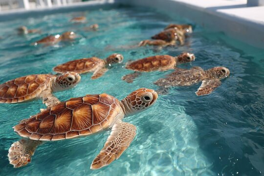 rescued sea turtles swimming in large ocean pool at wildlife center
