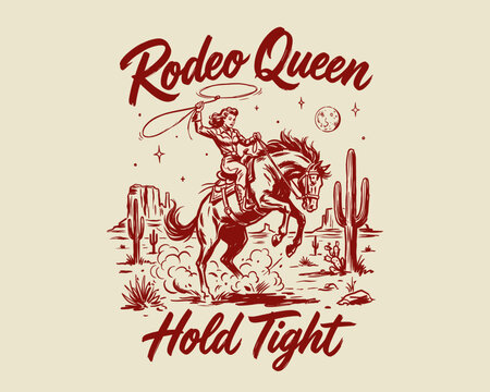 Vintage rodeo queen cowgirl riding horse illustration. Retro western wild west desert landscape. Hold tight horse riding vector graphic.
