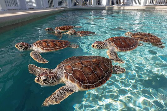 rescued sea turtles swimming in large ocean pool at wildlife center