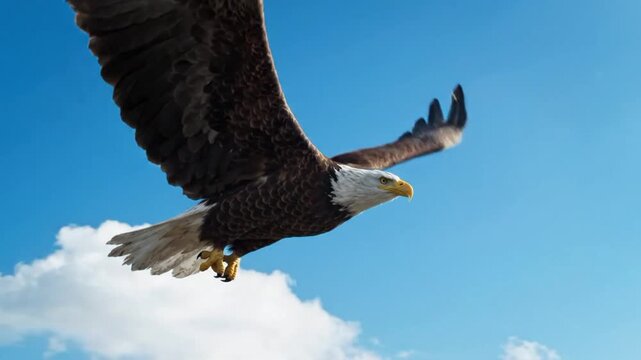 Bald eagle flying in a blue sky with clouds