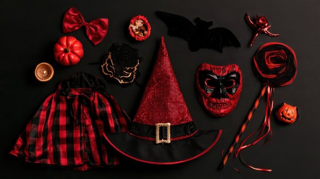 Halloween witch accessories including red plaid skirt, red sequin witch hat, red devil mask, candy, pumpkin, ribbon, and decorations on black background