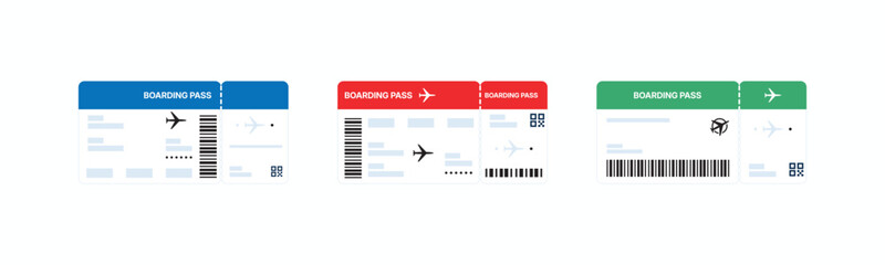 Flat design airplane tickets in blue, red, green. Each features barcode, airplane icon, and flight details. Simple photo style ideal for travel or aviation themes © rochmuch