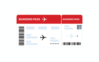 Simple boarding pass design with airplane icon and barcode. Red header shows travel essentials clearly. White background makes details easy to read. Perfect for travel, booking, or airport themes © rochmuch