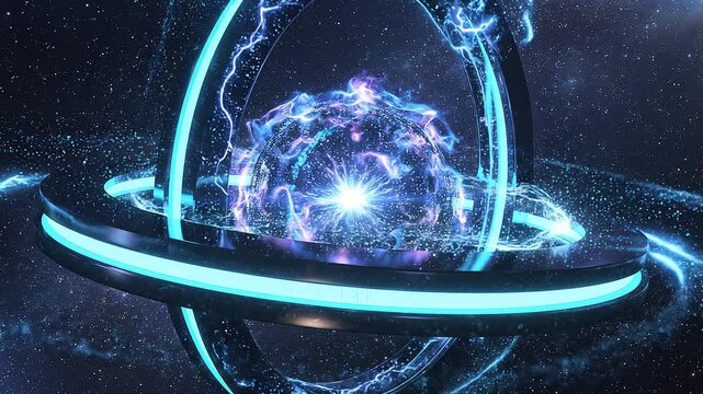 Rotating energy rings around glowing plasma sphere in deep space science physics quantum galaxy astronomy