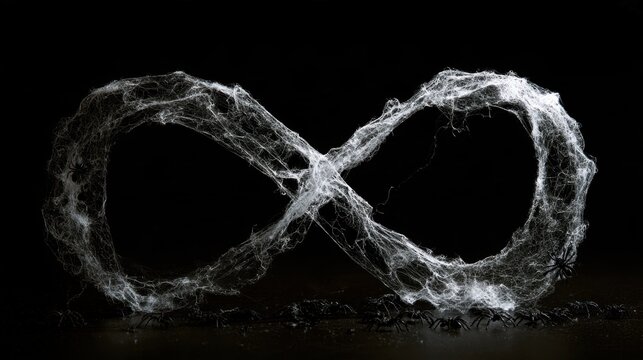Intricate spider web shaped like infinity symbol with small black spiders on dark background, detailed web texture and eerie atmosphere