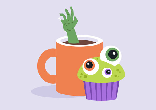 A whimsical Halloween scene features a playful green hand emerging from an orange mug, beside a fun cupcake topped with colorful eyes, Perfect for trick or treat festivities.