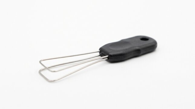 Black keycap puller tool with metal prongs for keyboard repair and maintenance