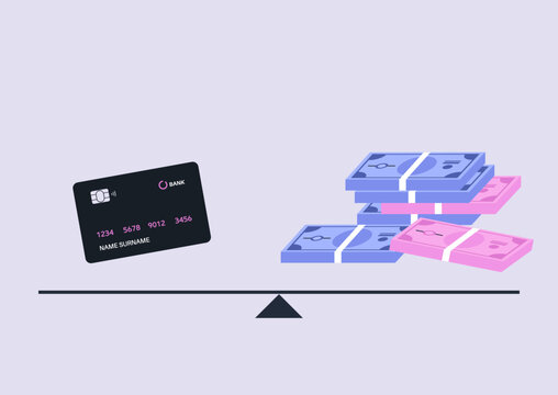 A striking illustration showcases a balance scale with a credit card on one side and stacks of colorful cash on the other, The vibrant colors create a captivating comparison of value.