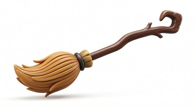 Stylized 3D cartoon magic flying broomstick isolated on white background