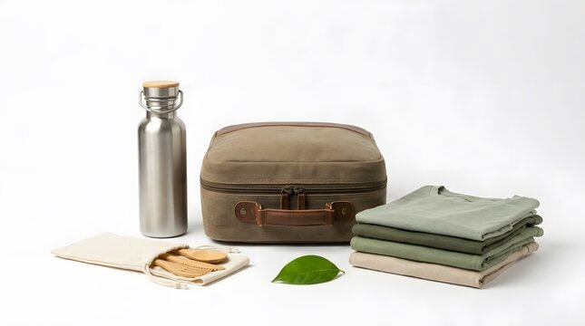 Eco friendly zero waste travel set with reusable stainless steel bottle, organic clothes, canvas bag, and wooden cutlery on white background