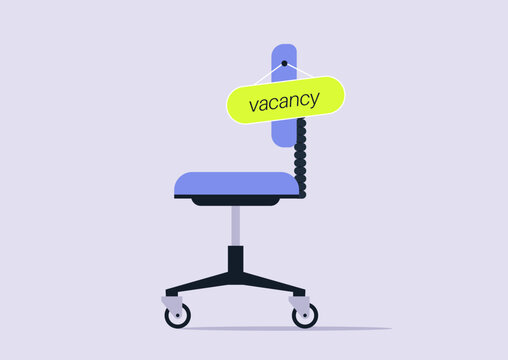 A cheerful office chair stands ready in a vibrant setting, showcasing a bright sign that reads vacancy, This playful design adds a welcoming touch to the space for job seekers.