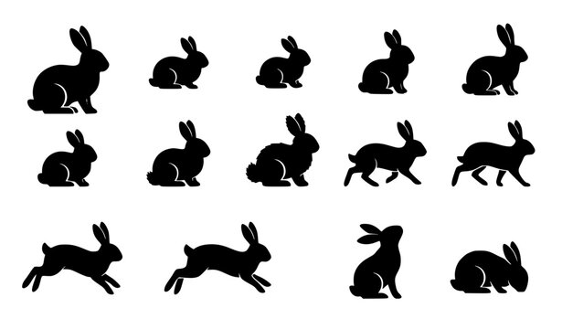 Cute Rabbit and Bunny Silhouette Collection Isolated Black Vector Set