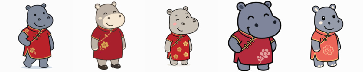 Fototapeta premium Set of cute hippo vectors in a standing pose, wearing a traditional Chinese cheongsam.
