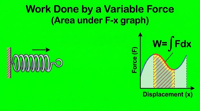 Physics diagram illustrating work done by a variable force using area under force-displacement graph