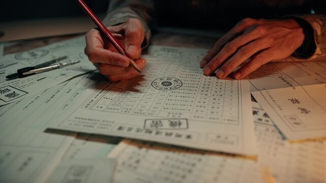 Japanese military man writes notes on secret documents
