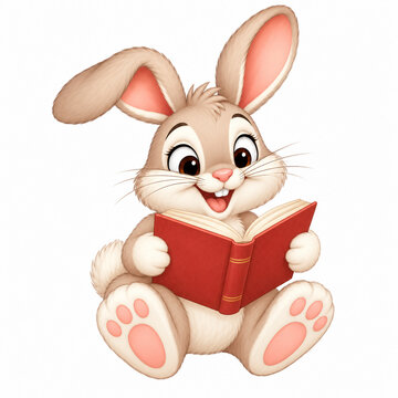 Adorable rabbit character reading a red book, representing literacy, education and learning, isolated on white background with copy space.