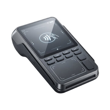 Portable payment terminal with touchscreen and contactless symbol as cut out PNG