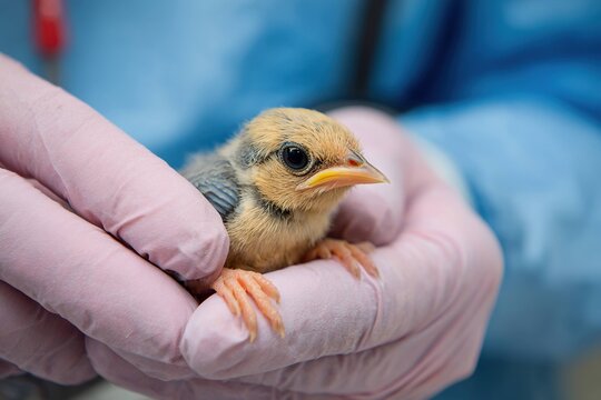 vet examining rescued baby bird with careful hands