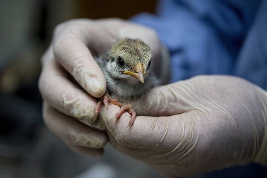 vet examining rescued baby bird with careful hands