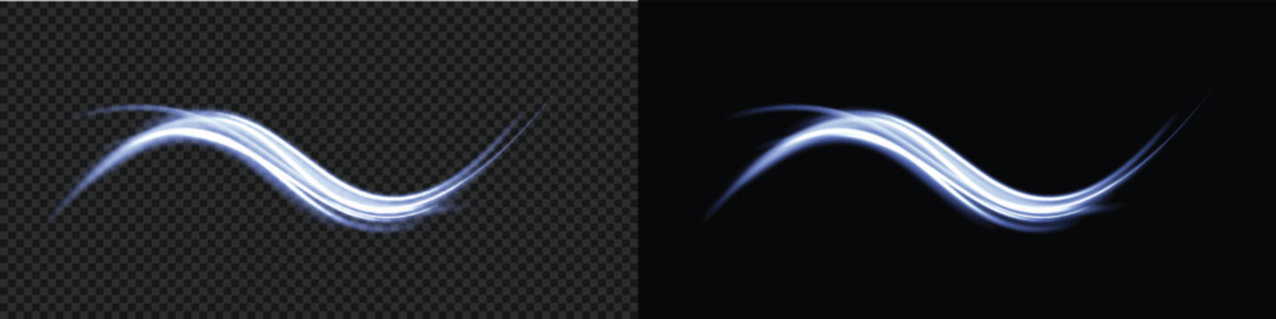 Curved blue stripes create a graceful arc of light with a soft glow and gradient effect. A glowing purple curved light trail with soft, blurred, and glowing edges.