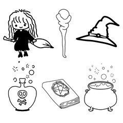 Simple monoline witch element outline set with magic wand hat spellbook and cauldron, minimalist black and white halloween line art isolated on transparent background © รัตนาภรณ์ สมองดี