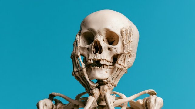 Human skeleton model holding head with both hands isolated on bright blue background concept of tiredness and exhaustion