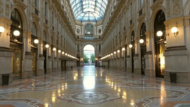 View of the ornate mosaic floor and arched architecture of the Galleria Vittorio Emanuele II in Milan, Lombardy, Italy.