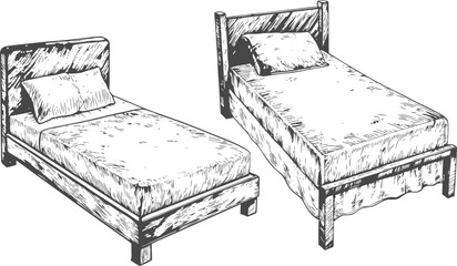 Classic furniture collection featuring Armchair, Sofa, Chair, Bookcase, Trolley, Rectangular Table, Bed, Desk, Cabinet, Lounge Chair and Wardrobe, vintage hand-drawn illustration. © MILION
