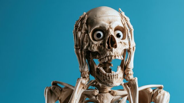 Human skeleton model with expressive face holding head with hands isolated on blue background showing surprise and shock emotion