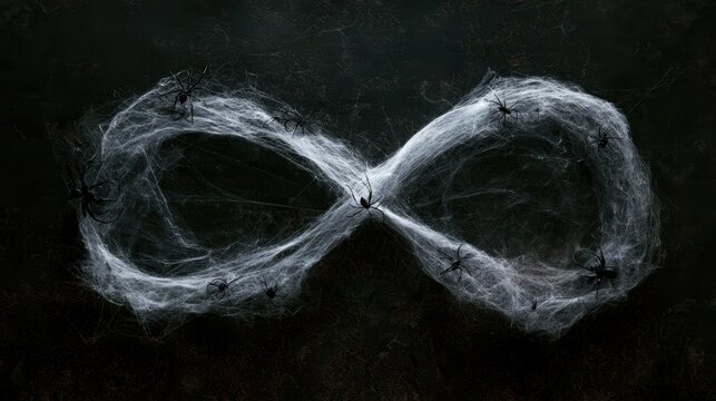 Spooky infinity symbol made of white spider web with black spiders creepy decoration on dark textured background for Halloween theme