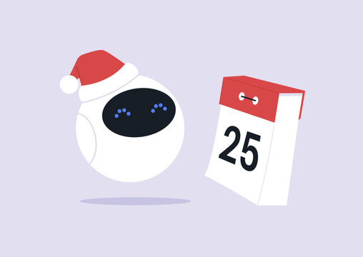 Cute robot in a santa hat embodies the spirit of the holiday season, as anticipation for joy and giving fills the atmosphere.
