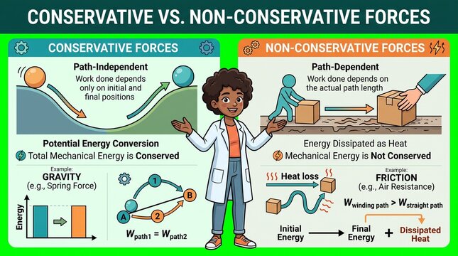 Scientist explains conservative vs non-conservative forces with energy diagrams for physics education materials