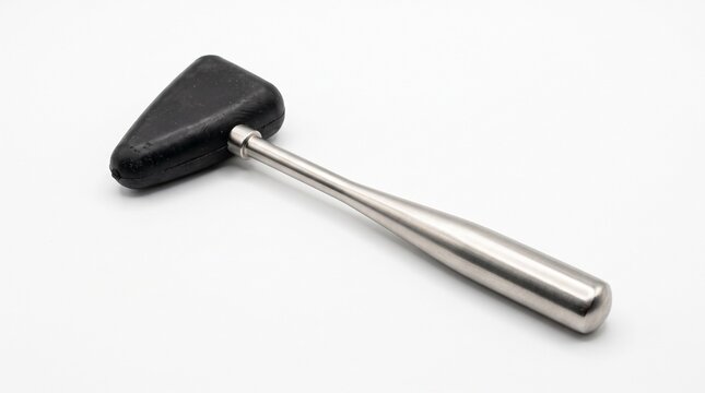 Medical reflex hammer with a black rubber head and stainless steel handle isolated on white background