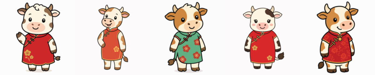 Obraz premium Set of cute vector cows in a standing pose, wearing a traditional Chinese cheongsam.