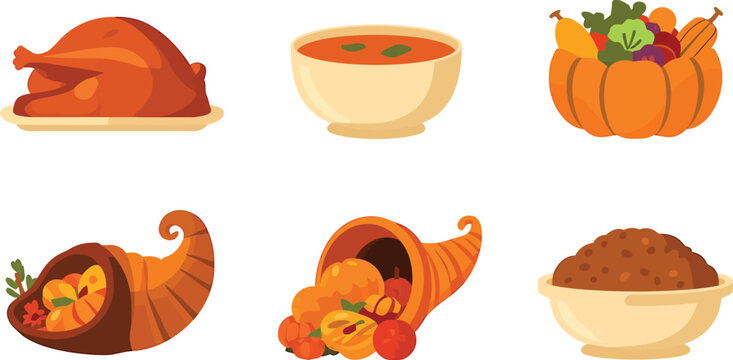 Six cute fall-themed food illustrations in warm colors Vector