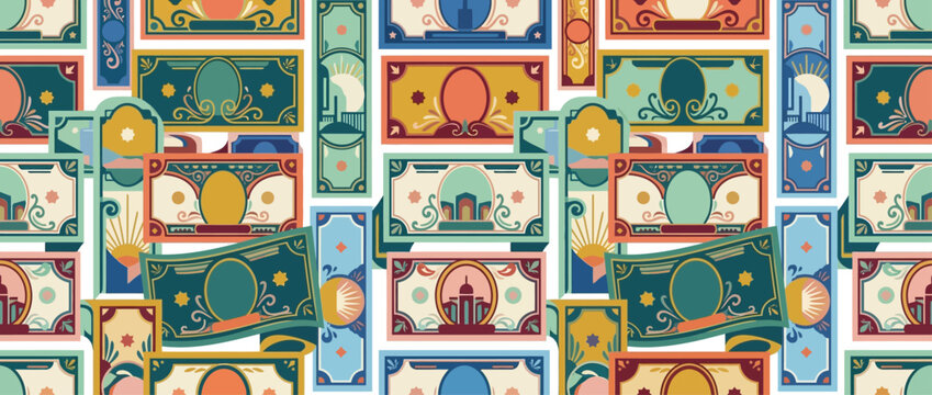 Colorful vintage banknote pattern with antique currency motifs.
