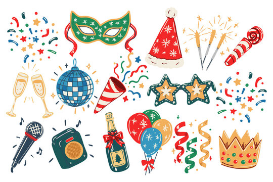 Hand drawn Christmas party sticker collection with disco ball, champagne, balloons, party hat, mask, microphone, confetti, streamers, sparklers, crown and festive decorations.