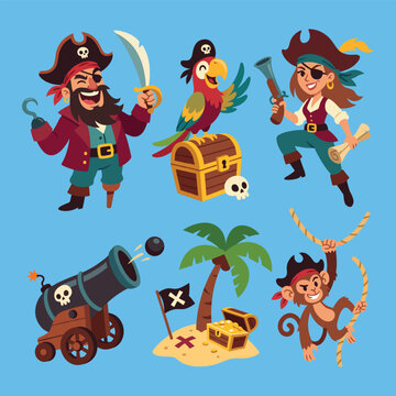 Adventure Pirate Characters And Sea Treasure Elements Collection