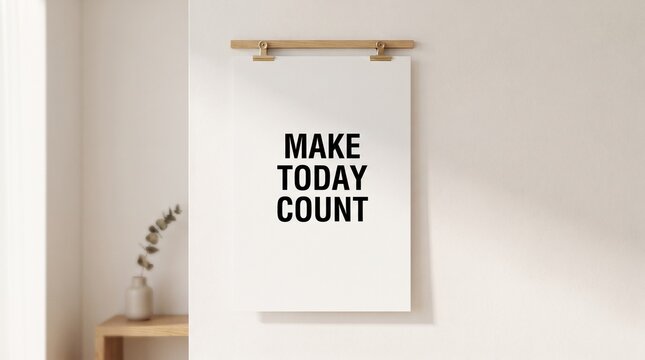 Minimalist poster with motivational quote hanging on a neutral wall in a bright modern interior