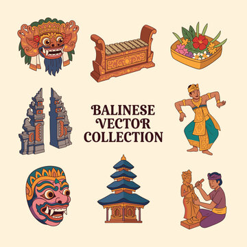 Traditional Indonesian Balinese Cultural Heritage Elements Collection Set