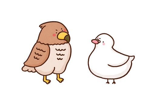 Hawk and dove looking at each other, hawks and doves idiom or financial and political terms concept
