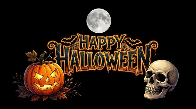 Spooky Halloween design with pumpkin and skull for festive greeting