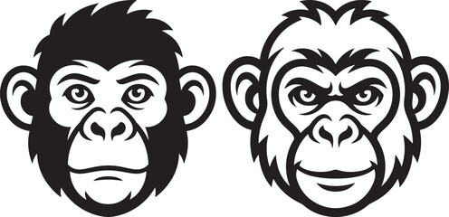 Fototapeta premium Two stylized monkey faces one with fur and one outline black and white background wildlife portrait silhouette illustration monochromatic stylized simplistic minimalist