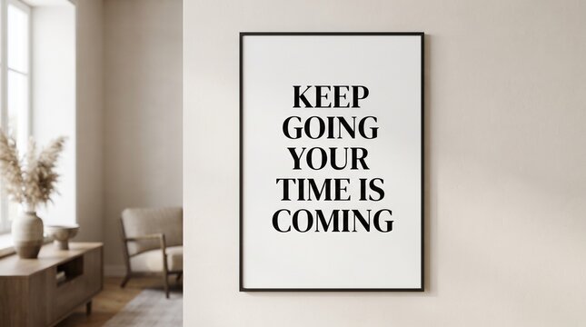Minimalist black frame with motivational quote hanging on a beige wall in a modern living room interior