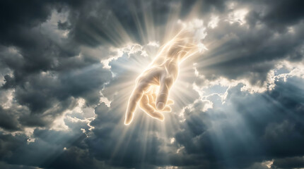 Fototapeta premium Divine Intervention A Radiant Hand Emerging from the Heavens with Rays of Light