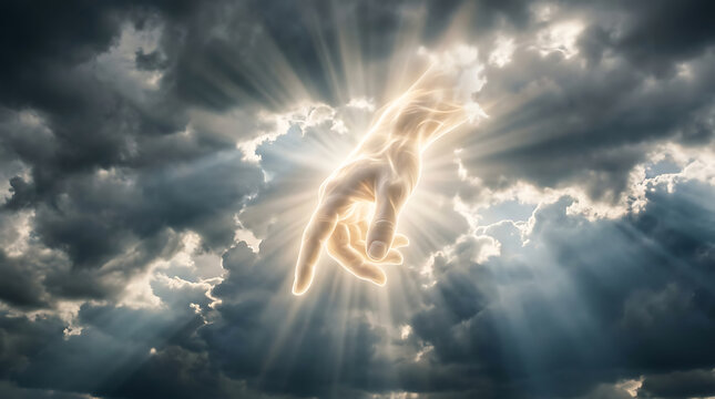Divine Intervention A Radiant Hand Emerging from the Heavens with Rays of Light