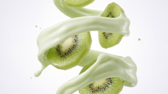 A refreshing swirl of creamy yogurt envelops vibrant kiwi slices in a dynamic splash, highlighting the natural goodness and tropical essence of this healthy treat.