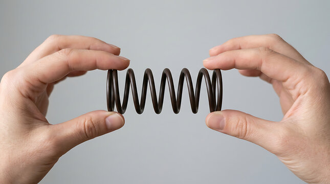 Two hands holding a coiled metal spring demonstrating tension and elasticity