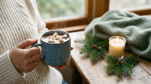 Cozy hot beverage mug in a winter holiday setting beautifully showcased