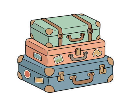Stack of three colorful vintage suitcases with travel stickers isolated on white background